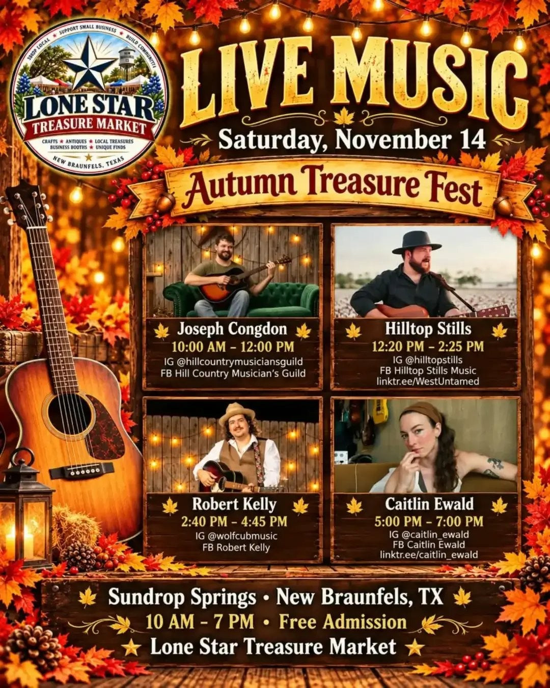 Autumn Treasure Fest live music, Saturday November 14: Joseph Congdon, Hilltop Stills, Robert Kelly, Caitlin Ewald