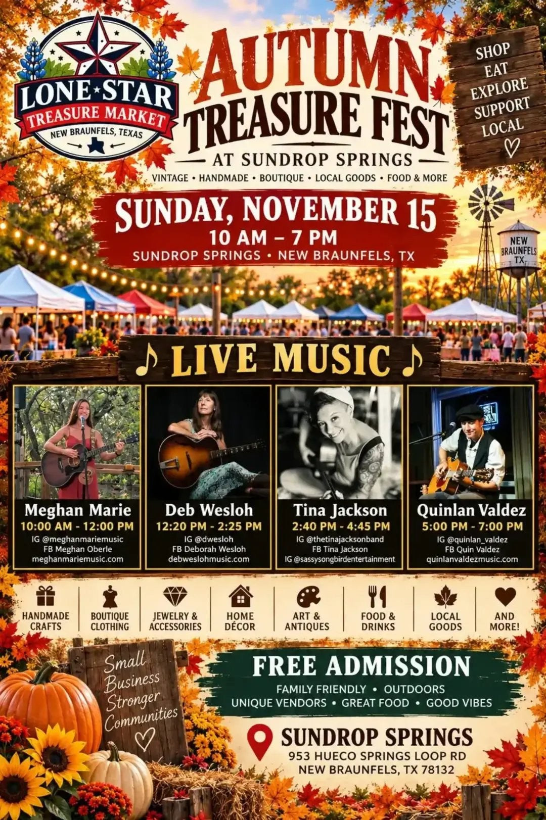 Autumn Treasure Fest live music, Sunday November 15: Meghan Marie, Deb Wesloh, Tina Jackson, Quinlan Valdez