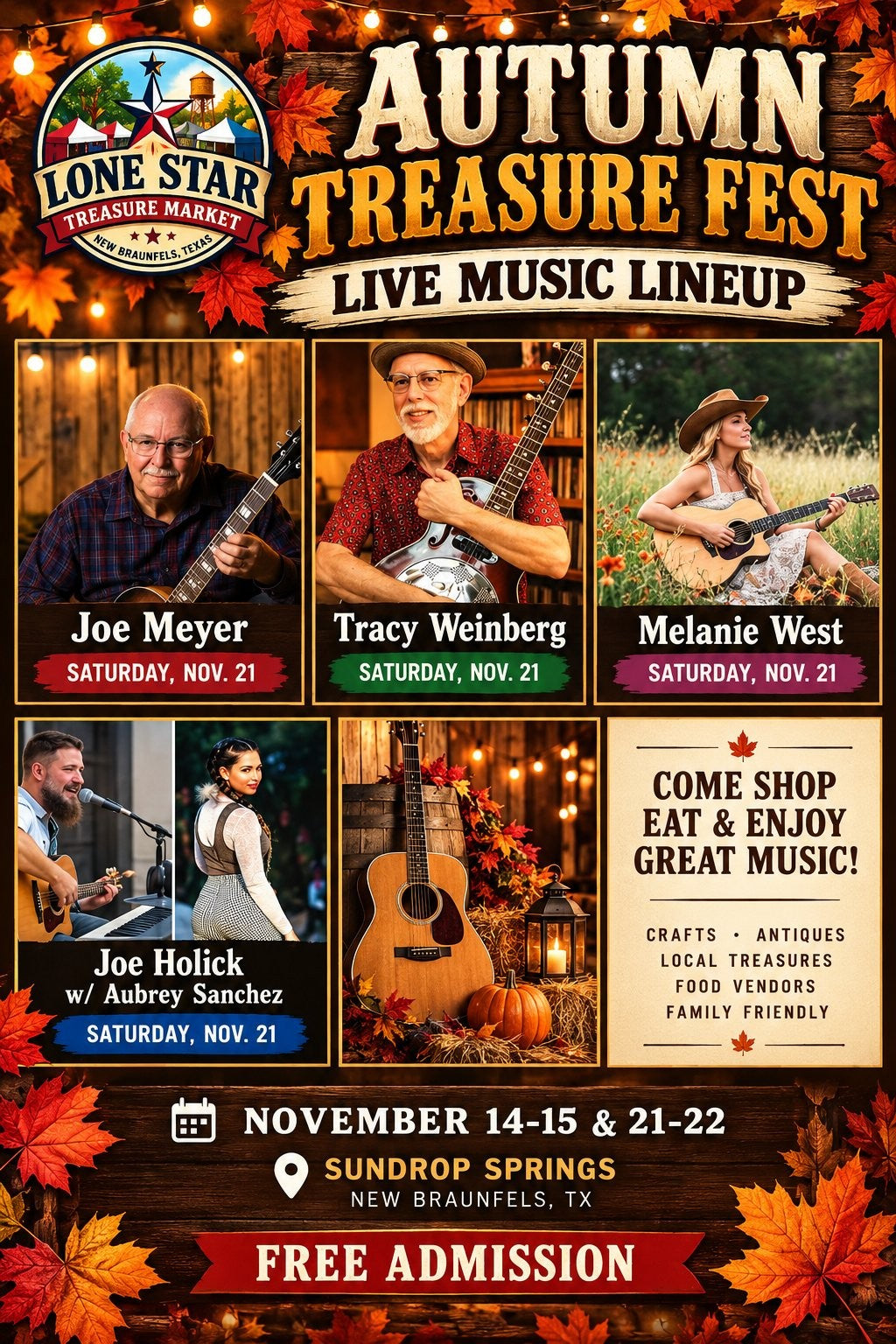 Autumn Treasure Fest live music lineup, Saturday November 21: Joe Meyer, Tracy Weinberg, Melanie West, Joe Holick with Aubrey Sanchez