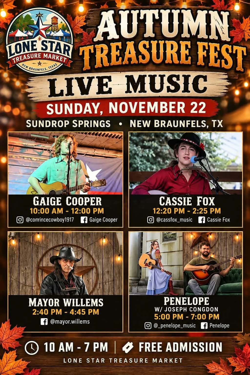 Autumn Treasure Fest live music, Sunday November 22: Gaige Cooper, Cassie Fox, Mayor Willems, Penelope with Joseph Congdon