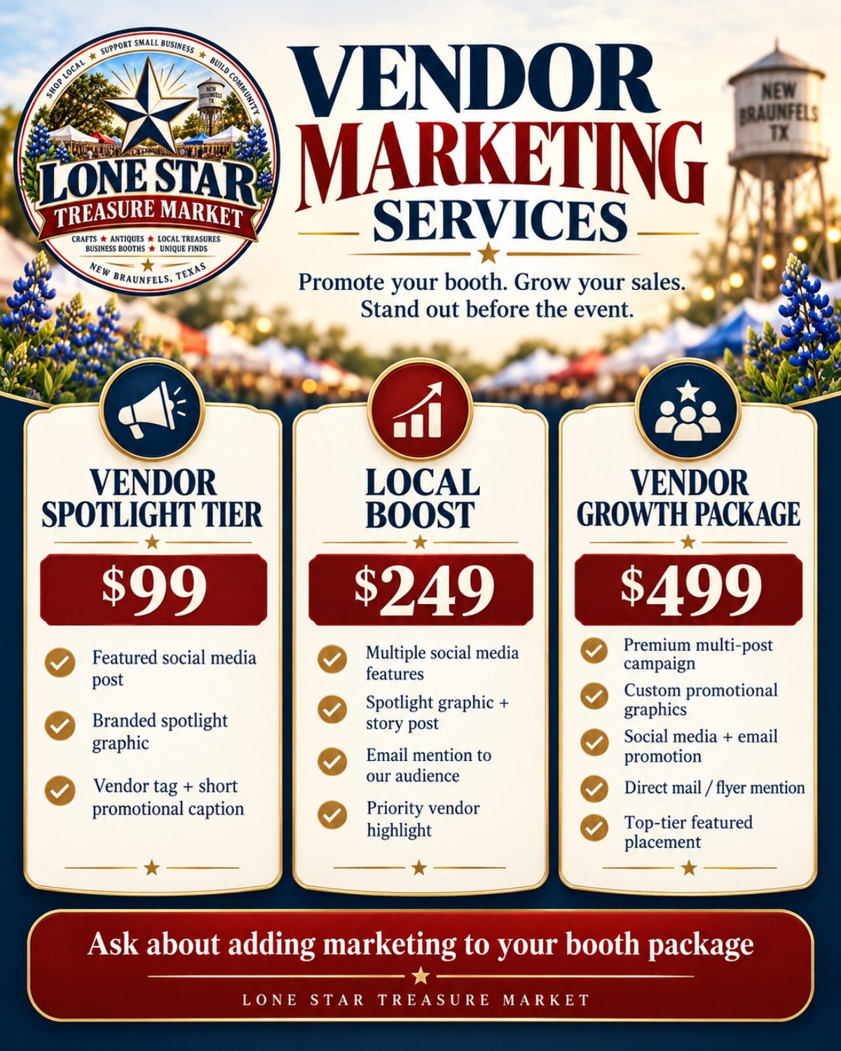 Lone Star Treasure Market vendor marketing services package tiers