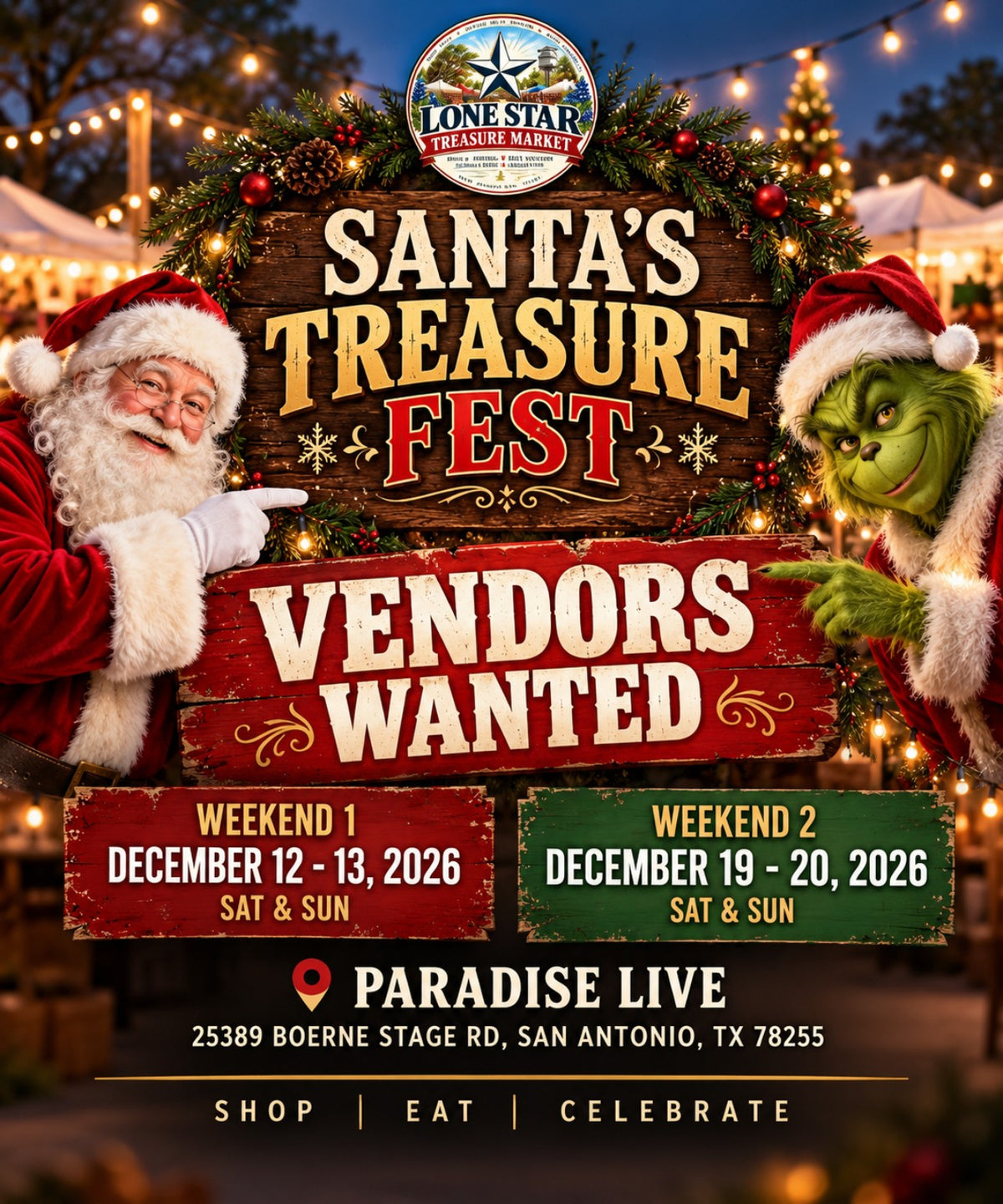 Santa's Treasure Fest vendors wanted at Paradise Live in San Antonio, December 12–13 and December 19–20, 2026